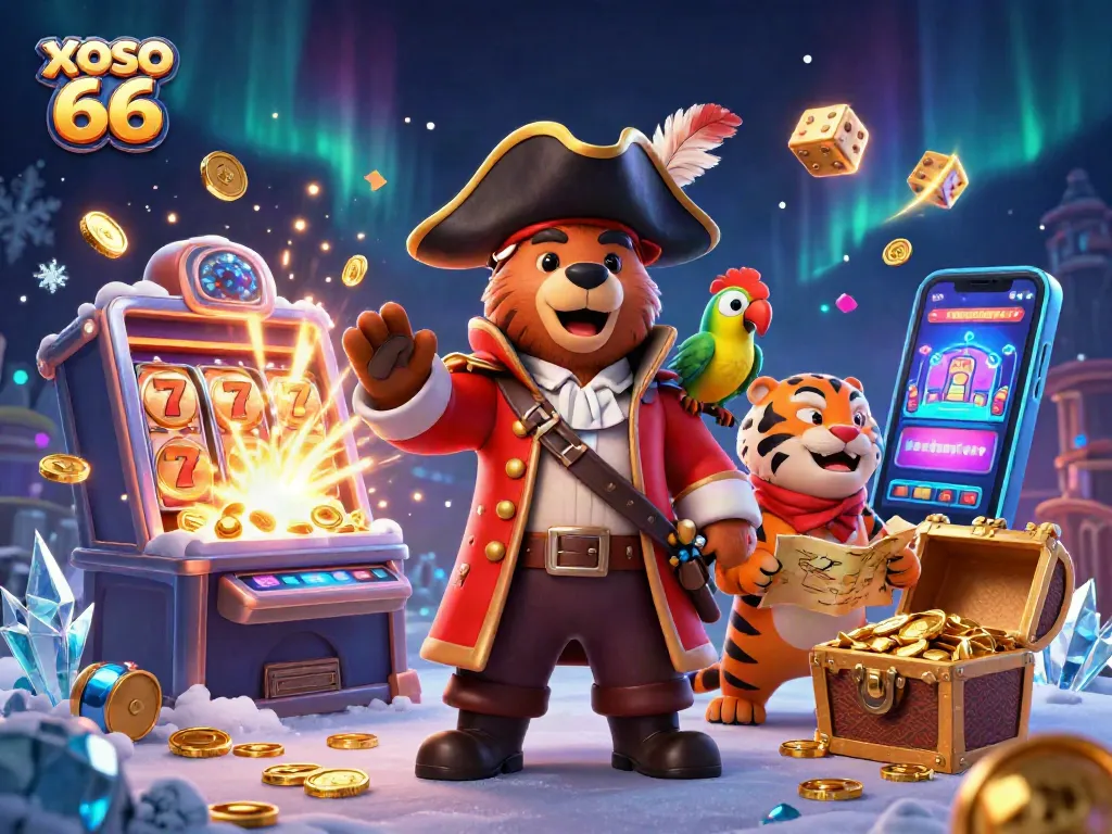 XOSO 66 brings excitement with a pirate bear and tiger in a vibrant casino scene