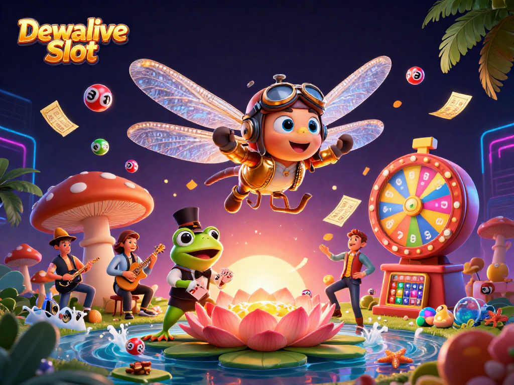 Engage with Dewalive Slot as the dragonfly pilot hovers above a vibrant lily pad casino scene!