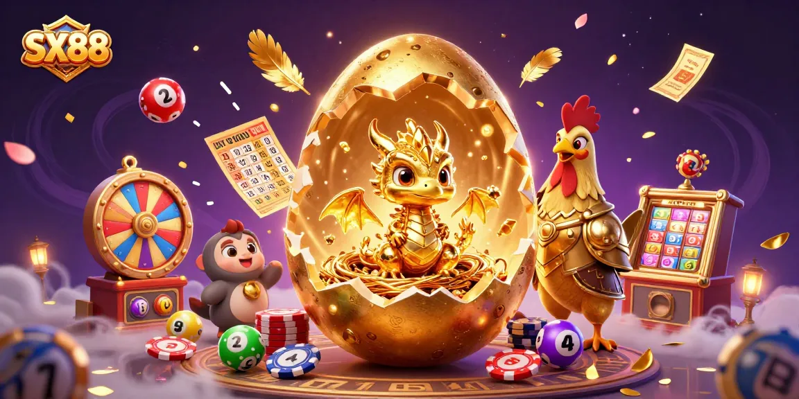 SX88 offers thrilling gambling experiences as a baby dragon emerges from a poker chip nest.