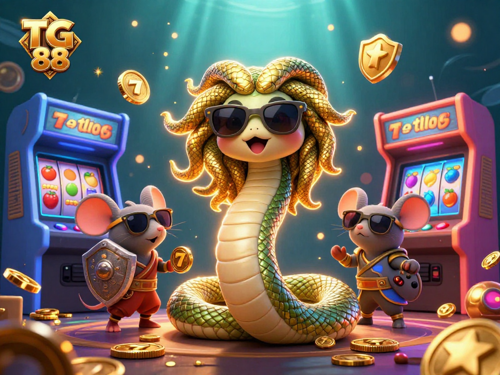 Engage with TG 88 in this vibrant 3D casino world, featuring Medusa and gaming elements.
