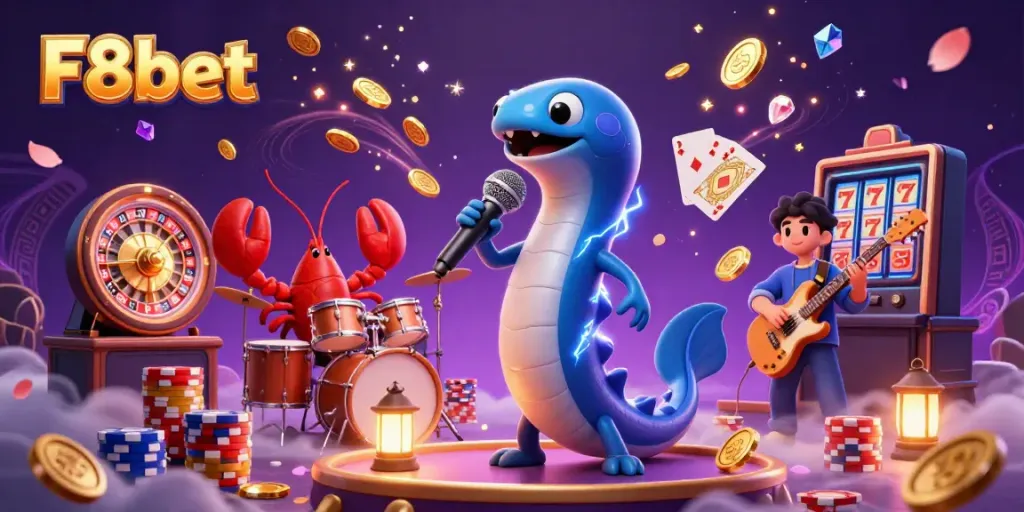 F8bet showcases a vibrant underwater casino scene with a DJ electric eel, lobster drummer, and seahorse guitarist.