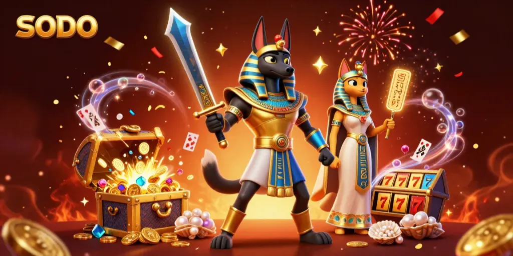 SODO jackpot celebration: Anubis and Bastet enjoy a vibrant casino scene filled with riches and allure.