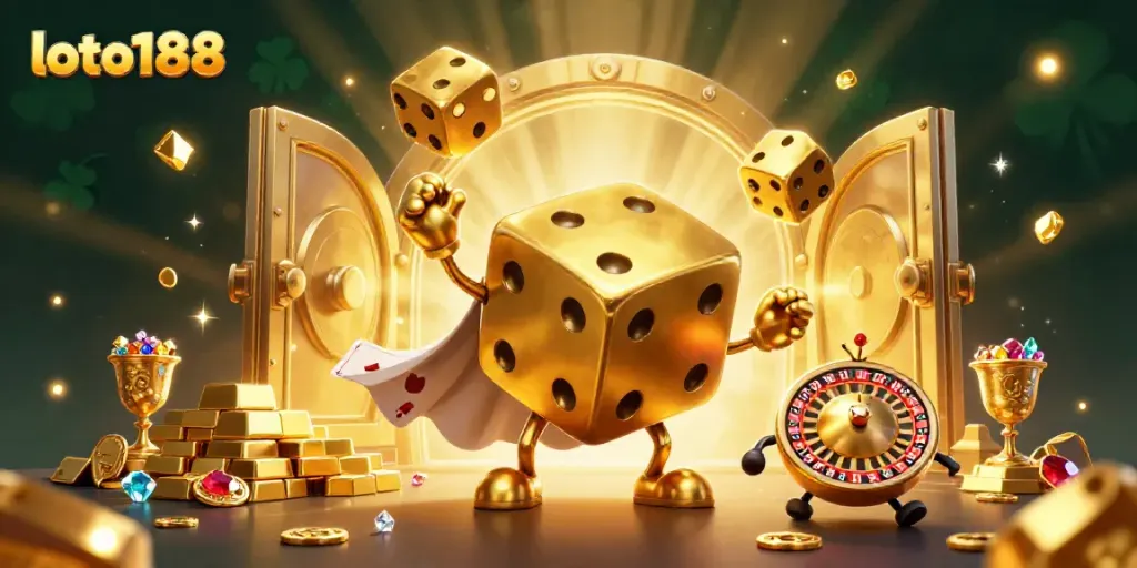 Experience exciting gaming at loto188 with vibrant 3D characters and treasures scattered around.