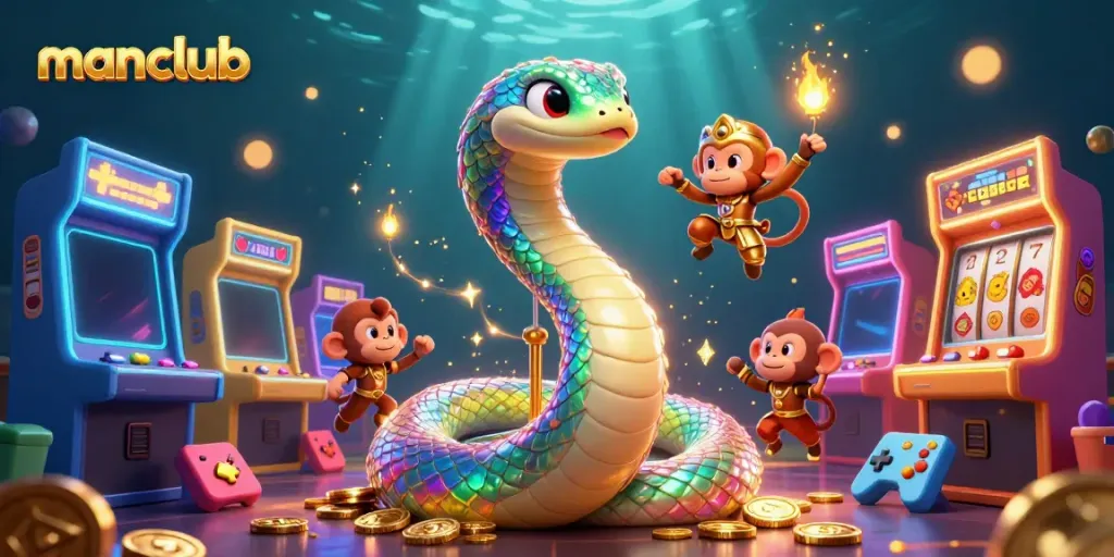 Engage with manclub's vibrant gaming world, featuring colorful slot machines and animated characters.