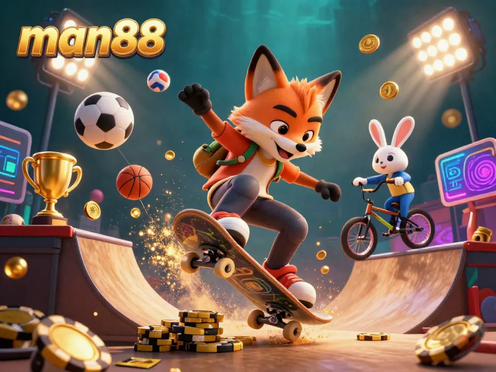Experience an exhilarating skateboarding scene with man88 elements like sports balls and casino symbols, igniting excitement.