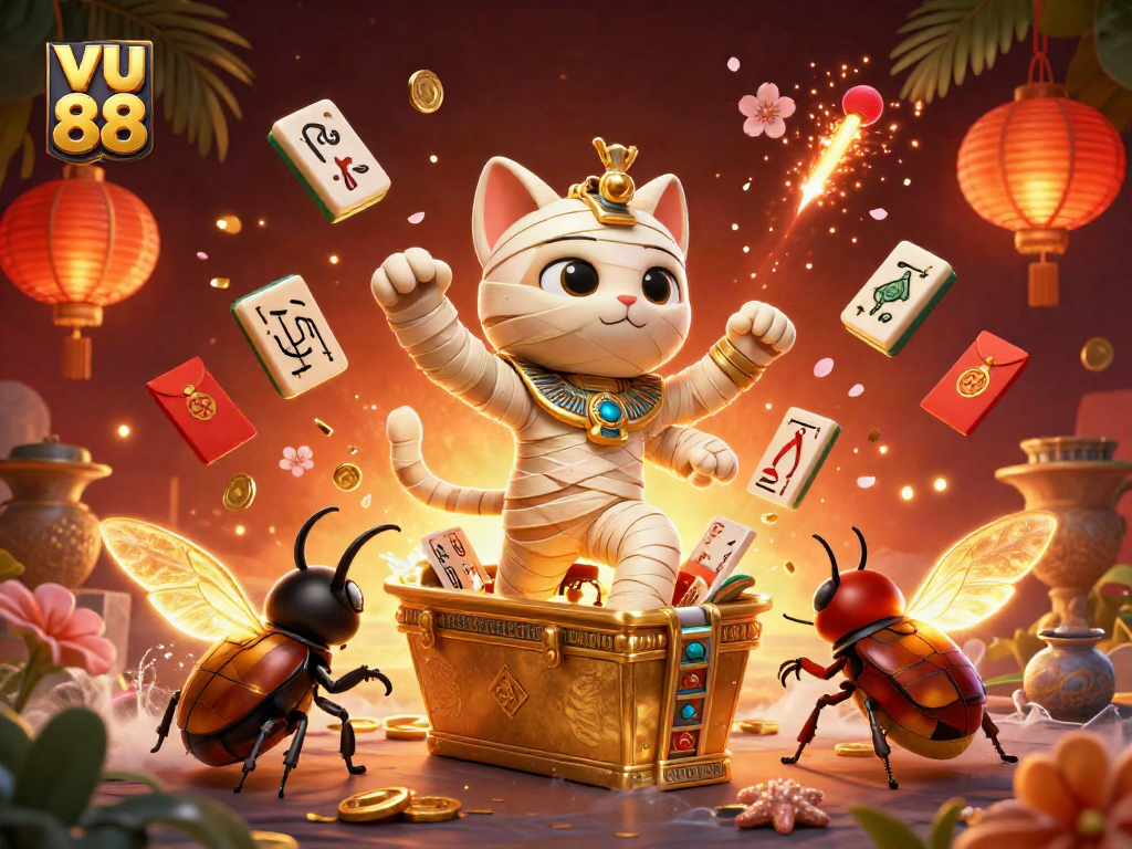 Engage in thrilling gaming at vu 88 with an enchanting scene featuring golden hieroglyph cards.