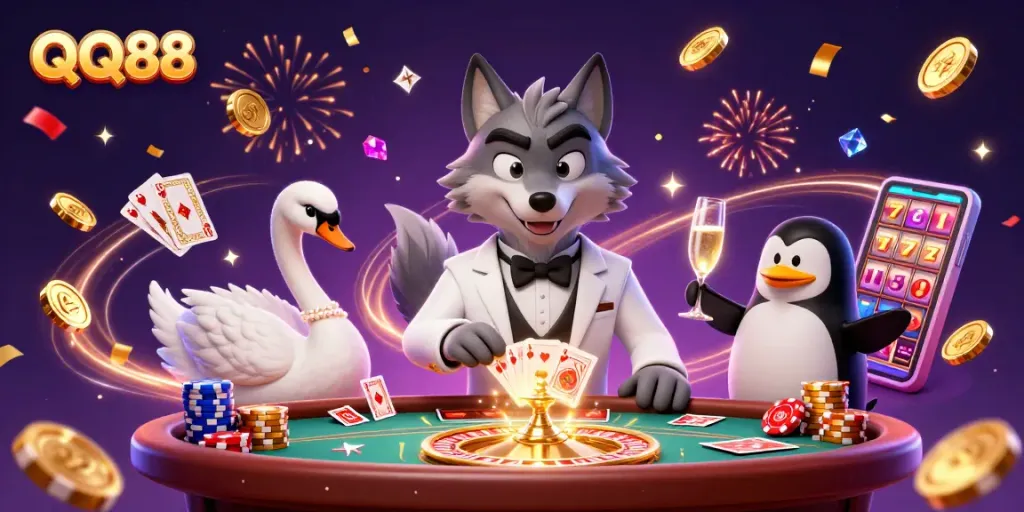 Experience thrilling gameplay with QQ88's vibrant casino scene featuring a debonair wolf and elegant swan.