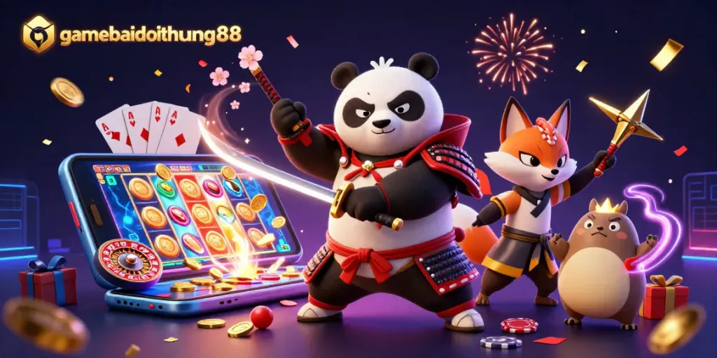 Engage with gamebaidoithuong88's colorful slot adventures featuring 3D characters in a vibrant casino scene.