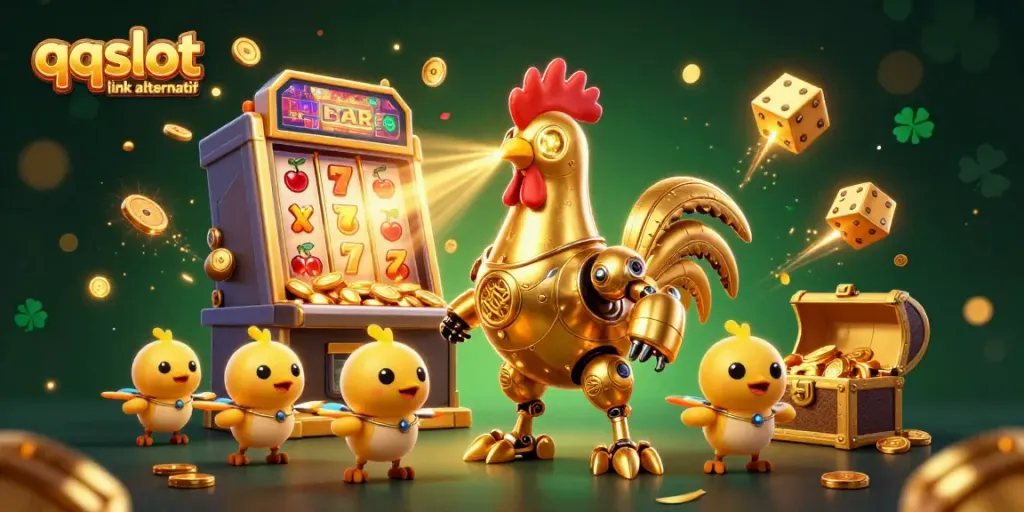 Experience the thrill with qqslot link alternatif in this vibrant 3D casino scene featuring a golden rooster robot.