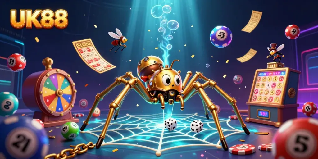 Engage in exhilarating gaming at UK88 with the captivating spider illustration showcasing lucky symbols and casino elements.