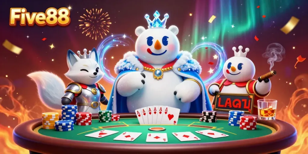 Experience thrilling card action at Five88, featuring colorful poker chips and an energetic bear character.