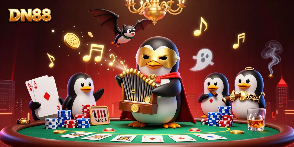 Experience the excitement at DN88 with golden coins from a phantom penguin's organ amidst a lively casino atmosphere.