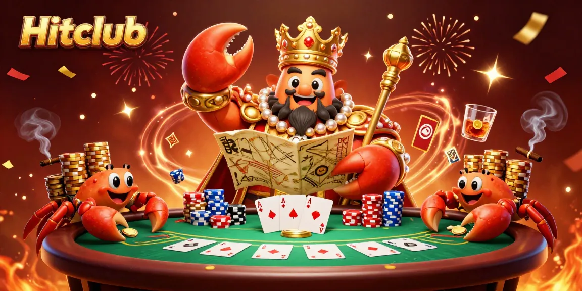 Experience Hitclub's vibrant poker scene with a golden crab emperor overseeing thrilling bets and colorful chips.
