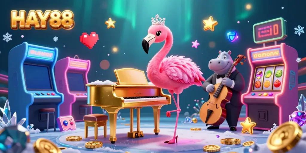 Experience HAY88's vibrant casino atmosphere with colorful game elements and lively characters.