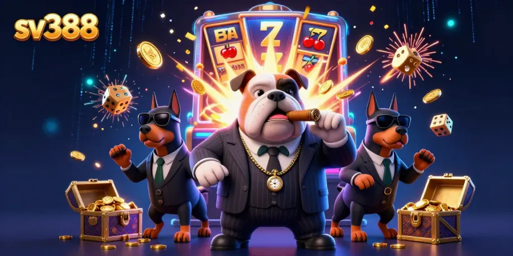 Experience thrilling sv388 casino action with lively characters among vibrant slot machine jackpots.