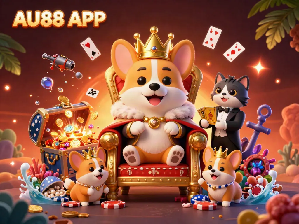 Experience excitement with the AU88 APP in this vibrant casino scene featuring a royal corgi and game elements.