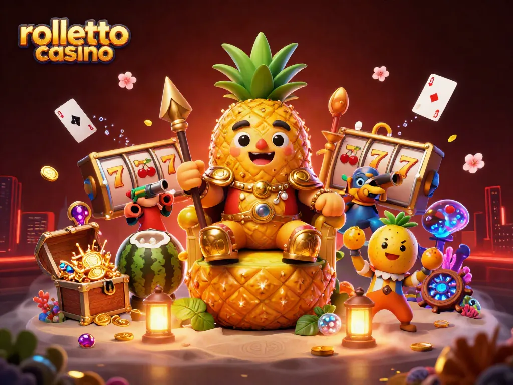 Engage with rolletto casino action featuring a vibrant scene with a golden pineapple king, lively characters, and dynamic game elements.