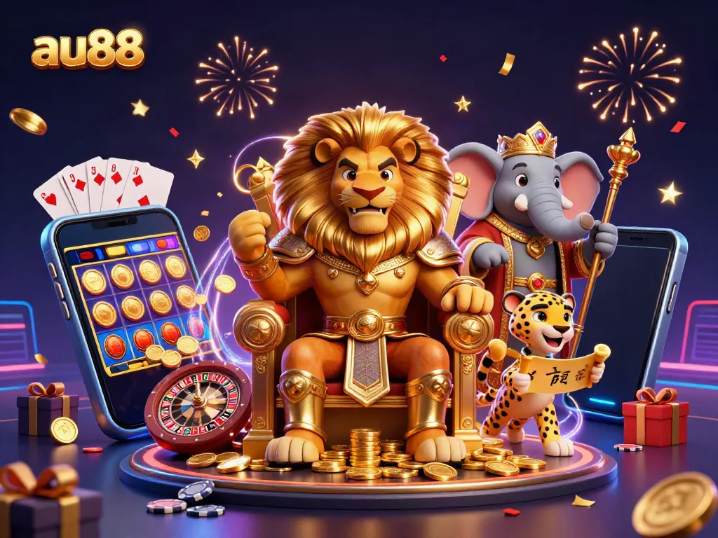 Experience thrilling gameplay with au88 featuring a lion king, elephant advisor, and cheetah in a vibrant casino scene.