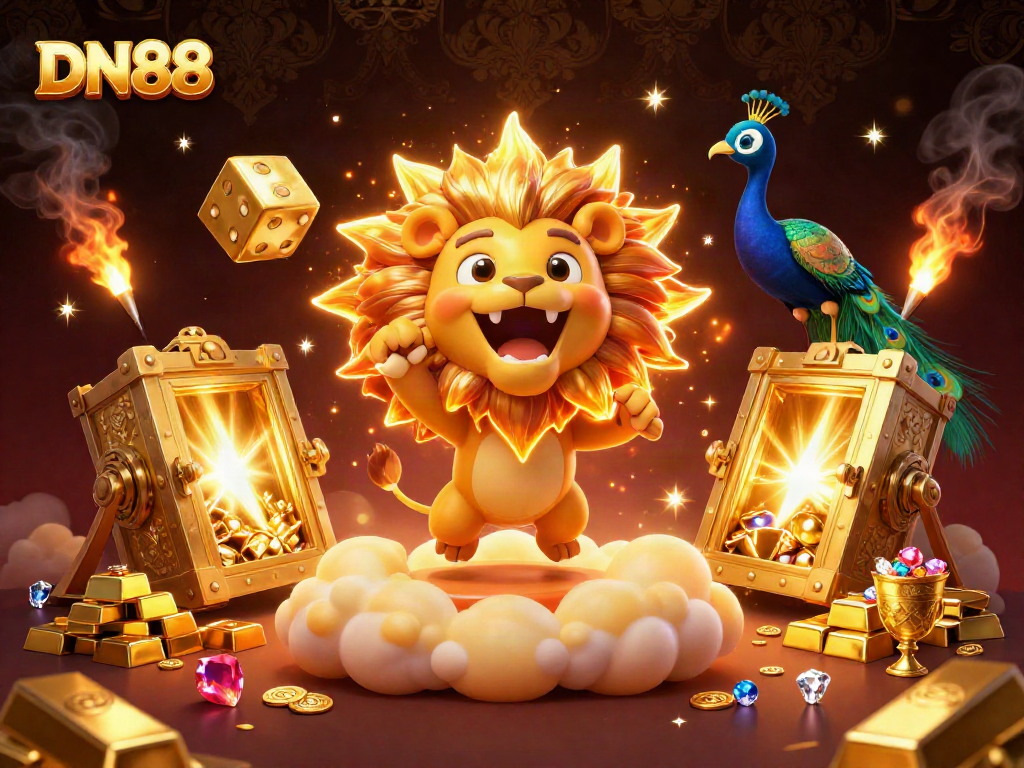 Experience the thrill of DN88 as the lion roars amidst golden treasures in a spectacular 3D casino scene.