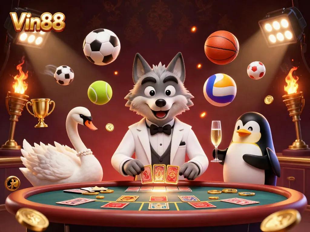 Experience thrilling baccarat with Vin88's lively gaming scene featuring animated characters and casino elements.