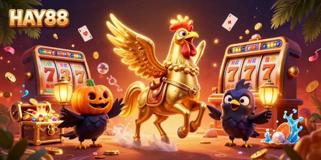 Experience winning at HAY88 with golden rooster riding in a midnight casino filled with treasures.