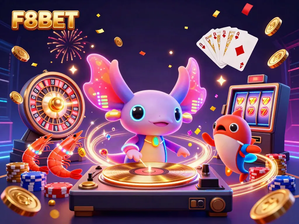Experience the excitement of F8BET with our vibrant casino scene featuring colorful characters and rich gaming elements.