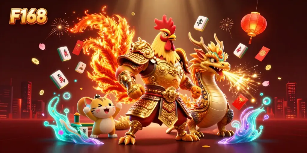 Engage with the thrilling action of F168 with a fighting rooster and a dragon in an elaborate casino themed 3D illustration.