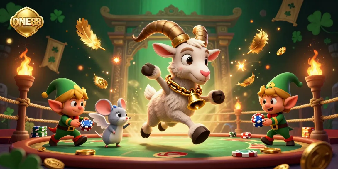 ONE88 casino scene with a Krampus goat, angel mouse, and elf gremlins in a vibrant gaming atmosphere.