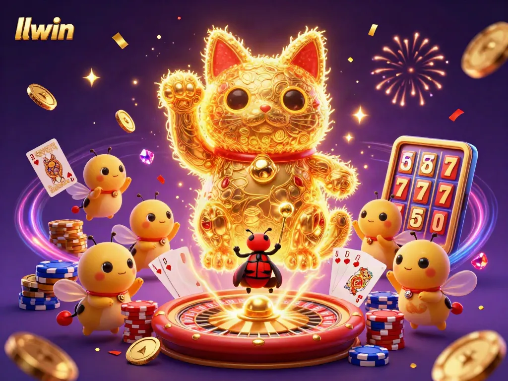 Experience the luck of llwin with a vibrant scene of casino symbols, fireflies, and dynamic gaming elements.