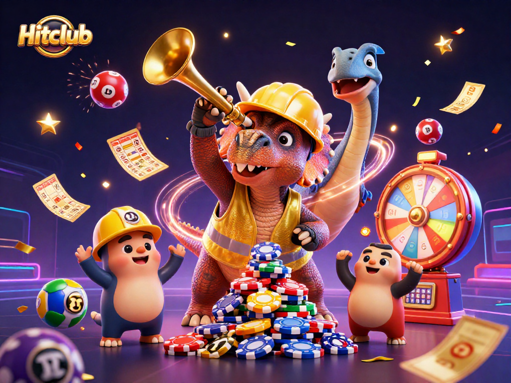 Hitclub brings excitement with a triceratops stacking poker chips in a vibrant casino scene.