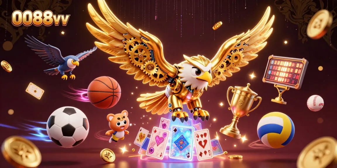 Engage with 0088vv's vibrant casino atmosphere featuring a cybernetic eagle and dynamic game elements.