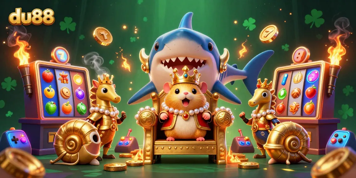 Experience the thrilling du88 jackpot with vibrant slot machines, colorful coins, and a majestic hamster king.