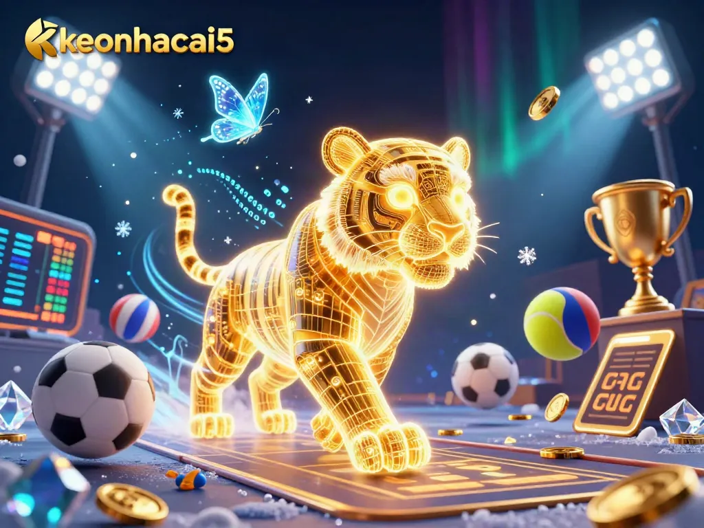 Engage with keonhacai5 in a vibrant digital casino filled with sports elements and glowing prizes.