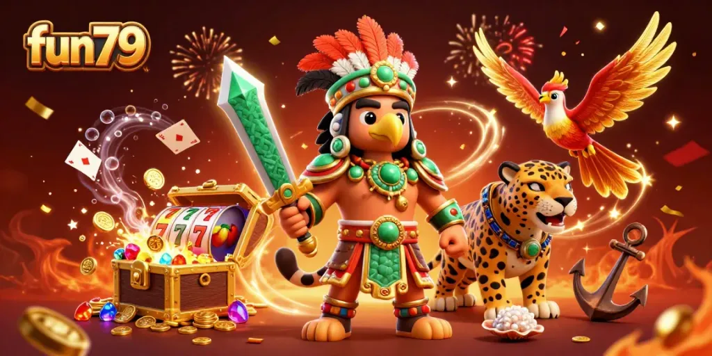 Experience excitement with fun79 as Aztec warriors celebrate casino wins amid vibrant gaming elements.