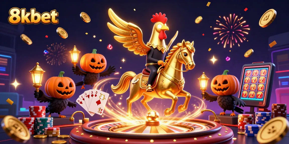 Experience the thrill of 8kbet with a golden rooster and his spectral horse in a vibrant casino.