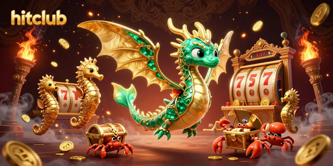 Hitclub showcases a vibrant slot gaming scene with golden treasures and lively dragon characters.