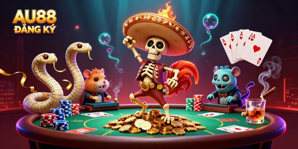 Experience the thrill of AU88 ĐĂNG KÝ with a vibrant, dynamic 3D casino scene packed with action.