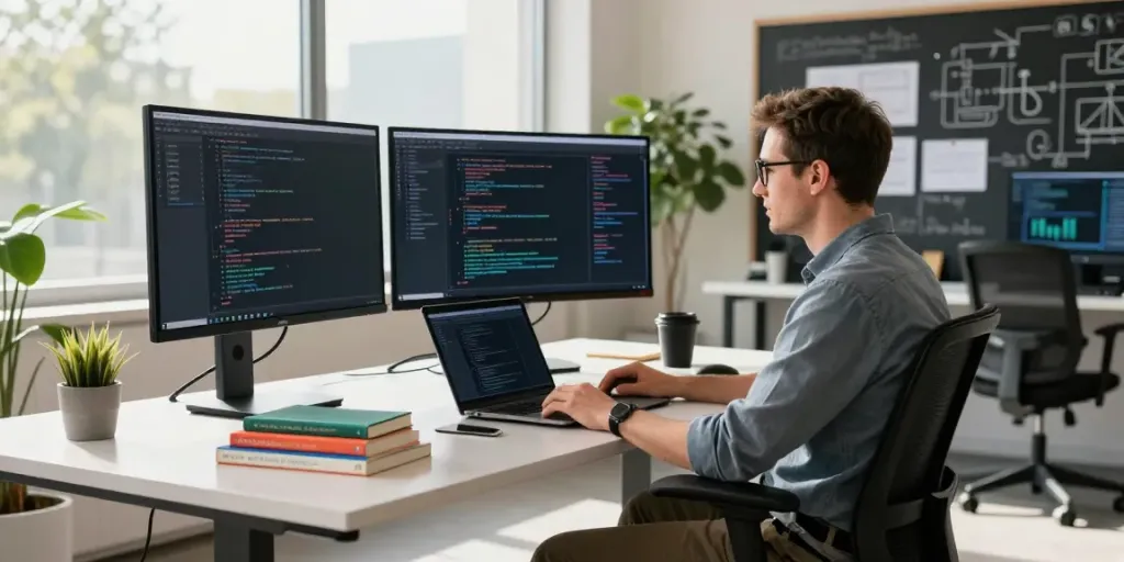 Neil Lock working in a modern tech workspace with multiple monitors and coding applications.