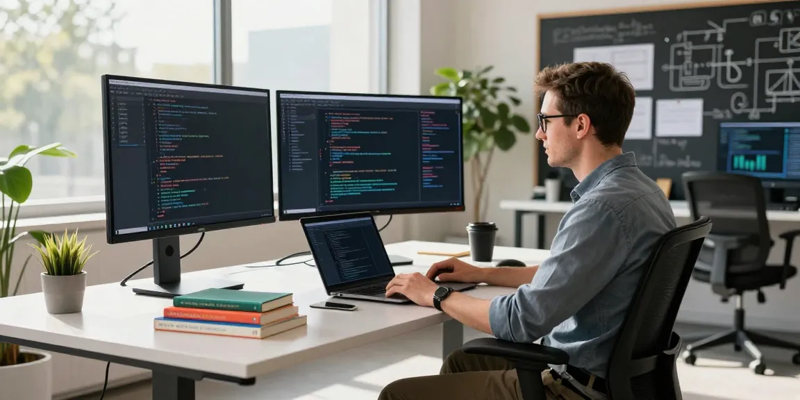 Neil Lock working in a modern tech workspace with multiple monitors and coding applications.