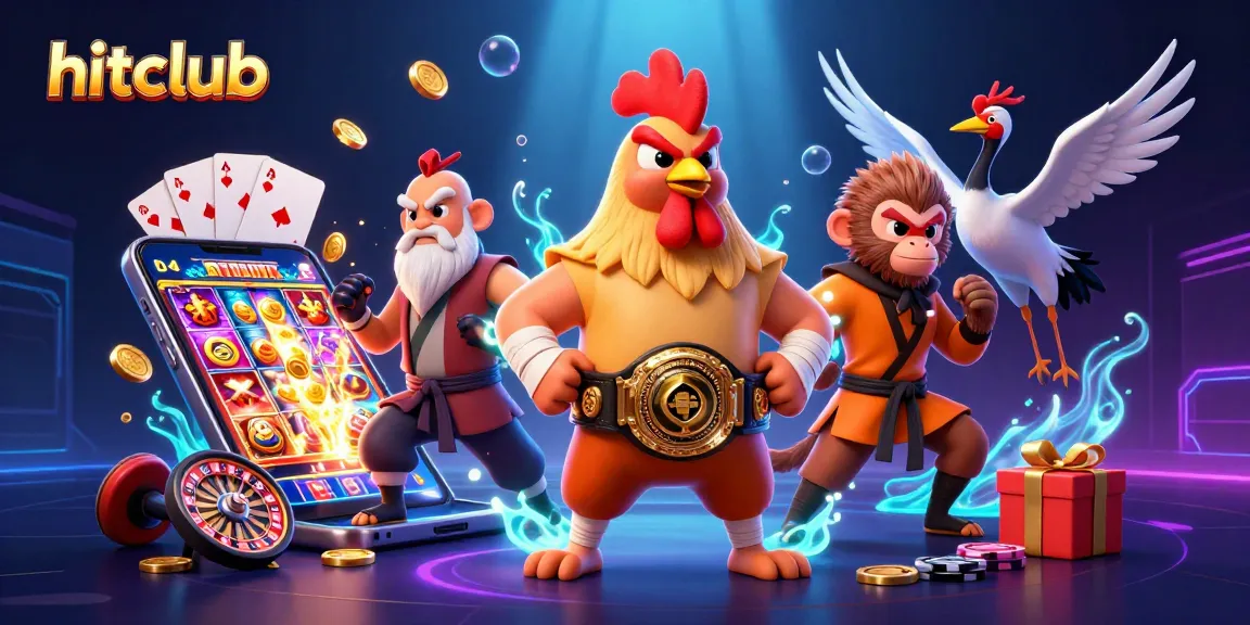 hitclub showcases a dynamic 3D illustration with casino elements, featuring a rooster champion, monkey martial artist, and crane master amidst spinning slots and golden coins.