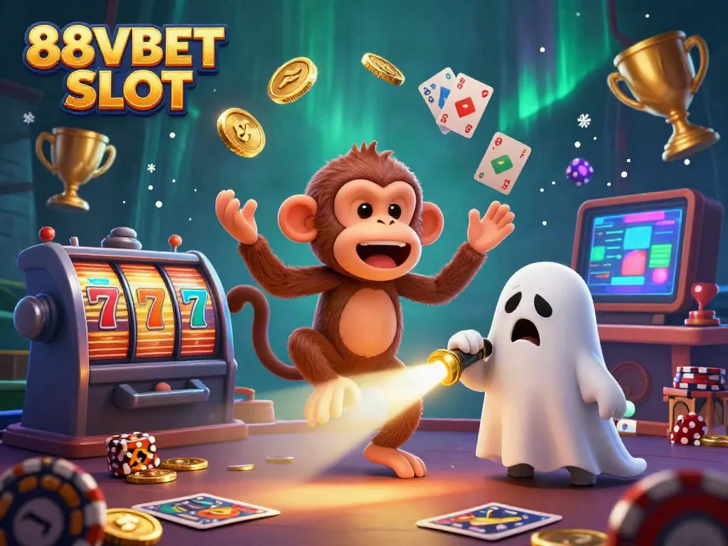 Experience the thrill of the 88VBET SLOT with a magical 3D scene featuring a mischievous monkey and a ghost-hunter puppy in a haunted casino.