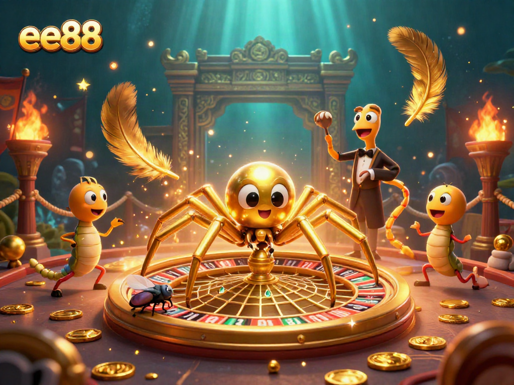 Experience thrilling bets at ee88 with a golden spider and centipede in a dynamic casino scene
