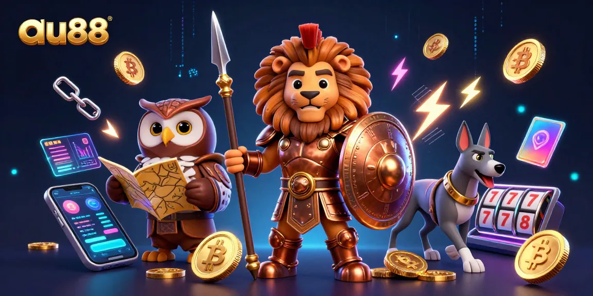 Engage with au88's dynamic 3D casino scene featuring heroic characters amidst crypto elements.