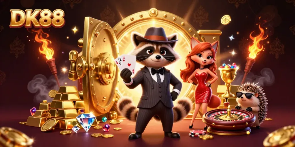 Win big at DK88 with a suave raccoon, glamorous fox, and edgy hedgehog in a vibrant casino.