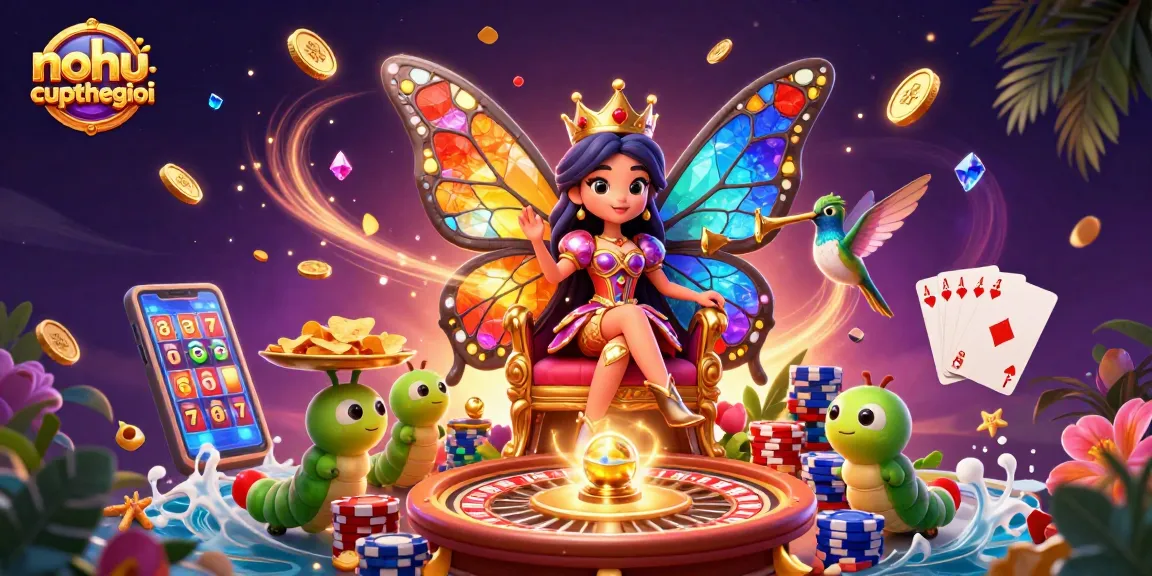 Play exciting games at nohu-cupthegioi with a vibrant 3D butterfly queen illustration
