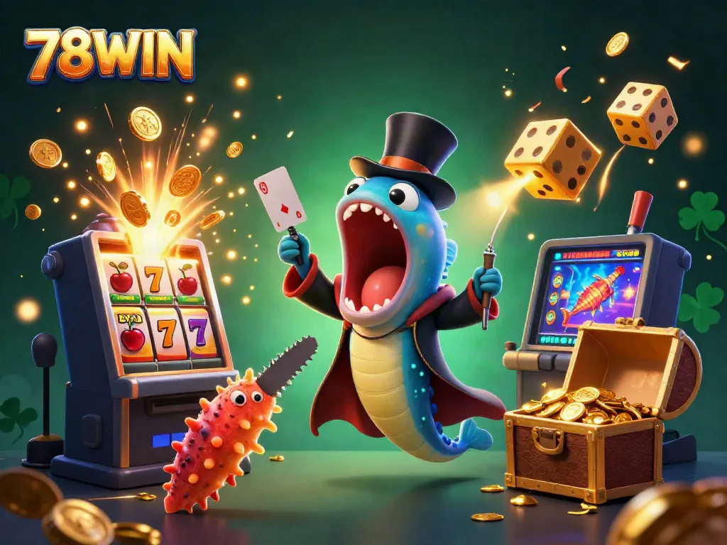 Experience thrilling games at 78WIN with unique characters performing tricks in a vibrant casino scene.
