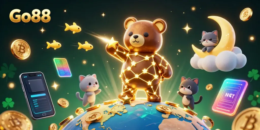 Play exciting games at Go88 with vibrant 3D characters and glowing crypto elements.