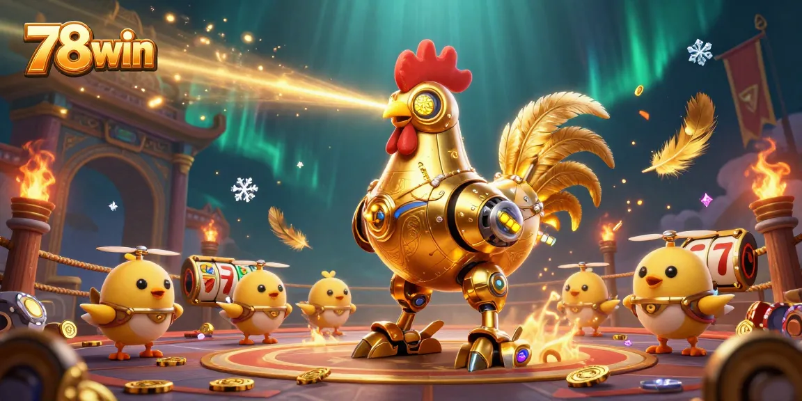 Engage in exciting 78win gaming action with a golden rooster robot and winning slot elements.