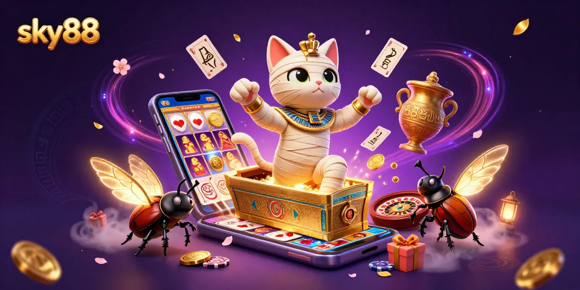 Experience the excitement of sky88 with an Egyptian mummy cat and casino elements in stunning 3D.