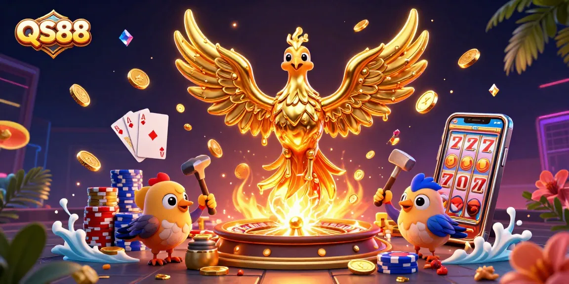 Experience the excitement of QS88 with a molten golden phoenix and dynamic casino games elements.